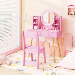 Costway Kids Vanity Set Princess Vanity Desk Set w/ LED Lighted Mirror in Pink - thumbnail 3
