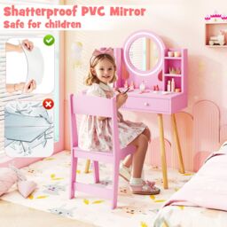 Costway Kids Vanity Set Princess Vanity Desk Set w/ LED Lighted Mirror in Pink - thumbnail 9