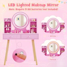 Costway Kids Vanity Set Princess Vanity Desk Set w/ LED Lighted Mirror in Pink - thumbnail 7