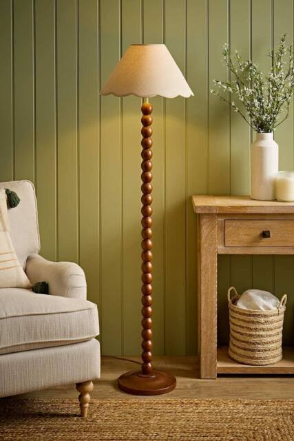 ValueLights Bobbin Colour Trim Linen Shade Walnut Bobble Floor Lamp in Cream - image 1