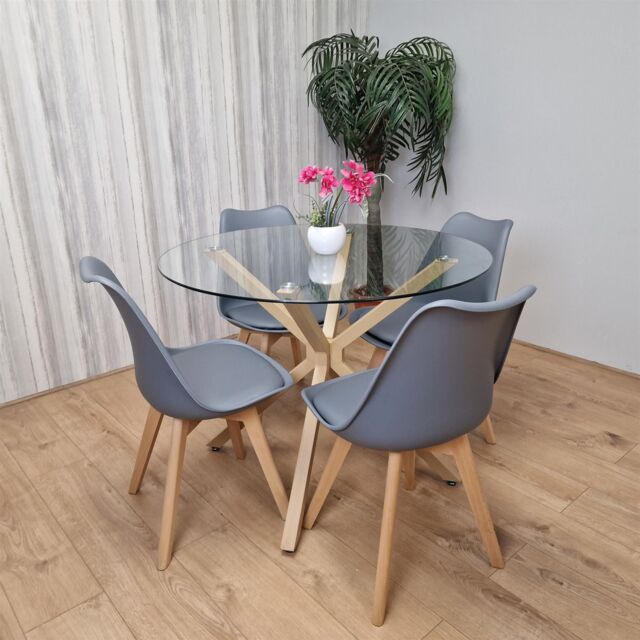 KOSY KOALA Round Glass Dining Table Set With 4 Grey Plastic Chairs Dining Room Furniture in Brown - image 1