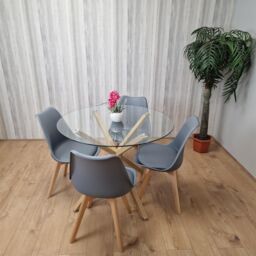 KOSY KOALA Round Glass Dining Table Set With 4 Grey Plastic Chairs Dining Room Furniture in Brown - thumbnail 2