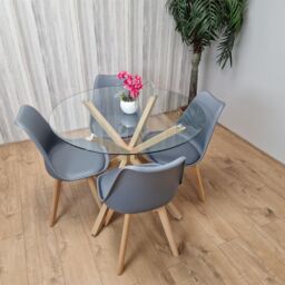 KOSY KOALA Round Glass Dining Table Set With 4 Grey Plastic Chairs Dining Room Furniture in Brown - thumbnail 5