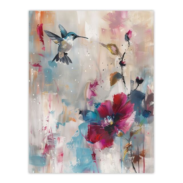 "Artery8 Hummingbird & Zinnia Flower Blooms Oil Painting Wall Art Print - Size: W12"" x H16""" - image 1