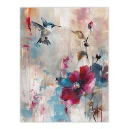 "Artery8 Hummingbird & Zinnia Flower Blooms Oil Painting Wall Art Print - Size: W12"" x H16""" - thumbnail 1