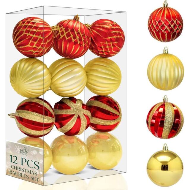 Pelle & Sol 12 Pcs Lightweight Christmas Baubles Set 8cm/3.1inches - Red & Gold - image 1