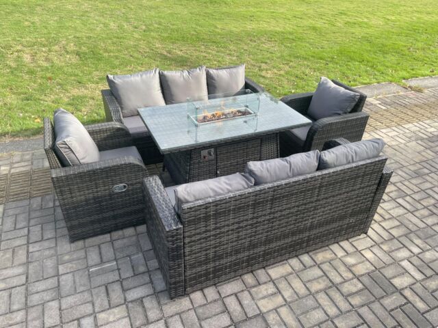 Fimous Rattan Outdoor Garden Furniture Sofa Set Gas Fire Pit Dining Table Gas Heater with 3 Seater Sofa Recling Chair 8 Seater in Dark Grey - image 1