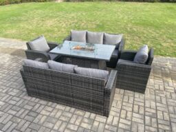 Fimous Rattan Outdoor Garden Furniture Sofa Set Gas Fire Pit Dining Table Gas Heater with 3 Seater Sofa Recling Chair 8 Seater in Dark Grey - thumbnail 3