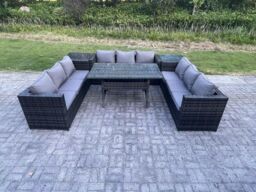 Fimous Wicker Outdoor Garden Furniture Rattan Lounge Sofa Set Patio Rectangular Dining Table 2 Side Table 9 Seater in Dark Grey - thumbnail 1