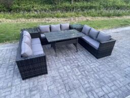 Fimous Wicker Outdoor Garden Furniture Rattan Lounge Sofa Set Patio Rectangular Dining Table 2 Side Table 9 Seater in Dark Grey - thumbnail 3