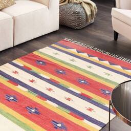 Wyld and Coco Klim Multicolour Handwoven Cotton Kilim Rug 140 x 200 cm Tassels - Size: 140 cm x 200 cm