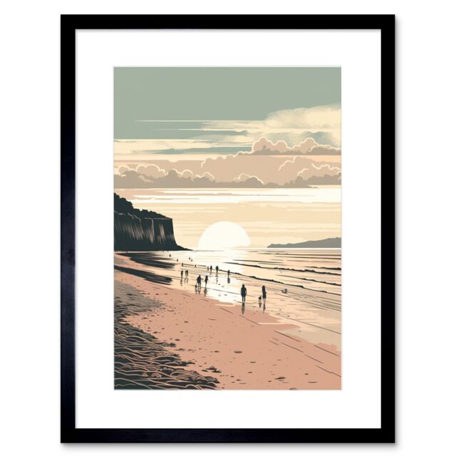 "Artery8 Wall Art Print Dog Walks on the Beach Sunset Coastal Landscape Artwork Framed 9X7 Inch in Black - Size: W7"" x H9""" - image 1