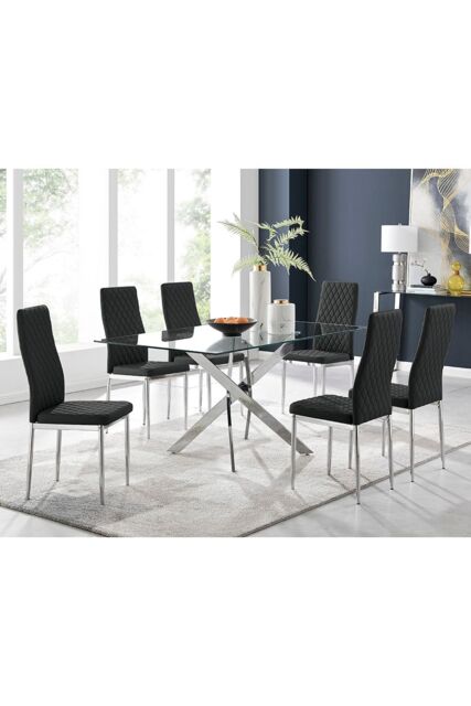 FurnitureboxUK Leonardo Glass & Chrome Metal Dining Table & 6 Milan Chairs Dining Set in Black - image 1