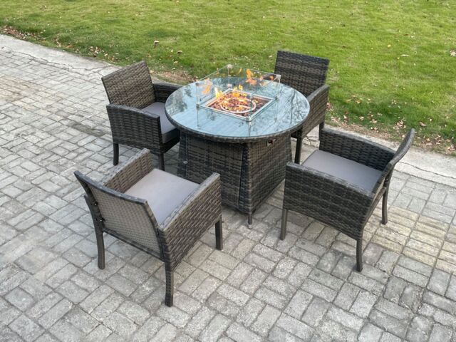 Fimous Outdoor Rattan Garden Furniture Set Gas Fire Pit Round Table Sets Gas Heater with 4 Seater Dining Chairs Dark Grey Mixed - image 1
