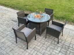 Fimous Outdoor Rattan Garden Furniture Set Gas Fire Pit Round Table Sets Gas Heater with 4 Seater Dining Chairs Dark Grey Mixed - thumbnail 1