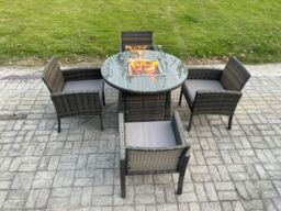 Fimous Outdoor Rattan Garden Furniture Set Gas Fire Pit Round Table Sets Gas Heater with 4 Seater Dining Chairs Dark Grey Mixed - thumbnail 2