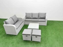 Fimous 7 Seater PE Rattan Wicker Garden Furniture Patio Conservatory Sofa Set with Square Coffee Table 3 Seater Sofa Love Sofa 2 Stools in Light Grey - thumbnail 2