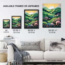 Artery8 Valley Of The Sheep Modern Digital Aesthetic Sunrise English Countryside Simple Flat Artwork Framed Wall Art Print A4 in Black - thumbnail 3