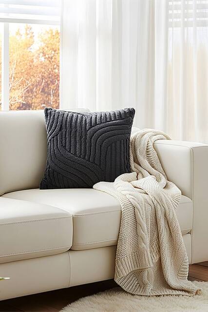 Living and Home 3D Wave Textured Plush Throw Pillow Cover in Dark Grey - image 1