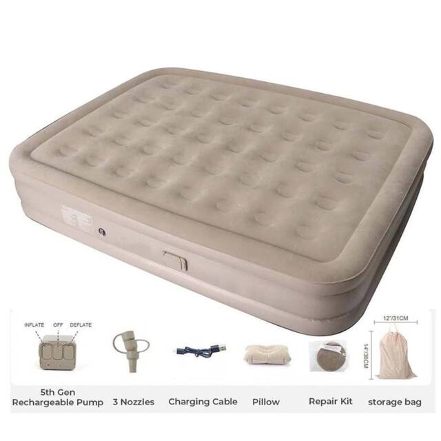 KORVIXA SINGLE INFLATABLE HIGH RAISED AIR BED MATTRESS in Beige - Size: Double - image 1