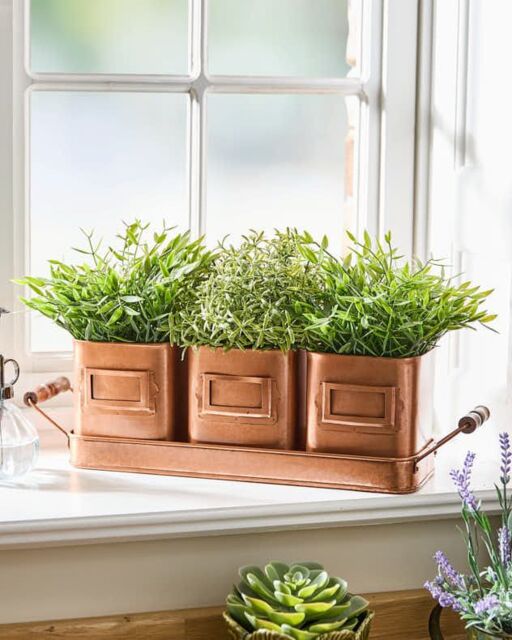 Dibor Set of 3 Antique Copper Metal Indoor Outdoor Garden Plant Pots on Tray (W) 43cm, (H) 12cm