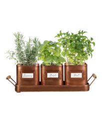 Dibor Set of 3 Antique Copper Metal Indoor Outdoor Garden Plant Pots on Tray (W) 43cm, (H) 12cm - thumbnail 2