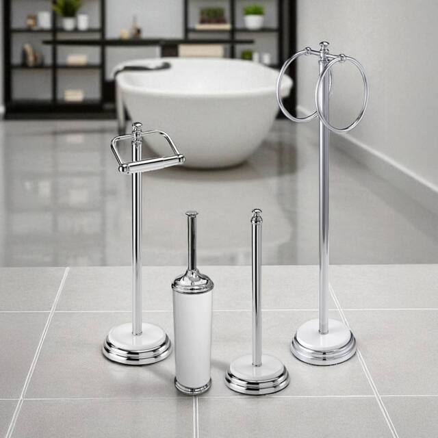 Showerdrape Opera 4 Piece Bathroom Accessory Set Toilet Roll Holder, Toilet Brush, Towel Ring in White - image 1