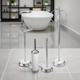 Showerdrape Opera 4 Piece Bathroom Accessory Set Toilet Roll Holder, Toilet Brush, Towel Ring in White - thumbnail 1
