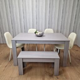 KOSY KOALA Dining Table Set In Grey, 4 Diamond-Pattern Cream Chairs, & 1 Bench. Kitchen Dining Table for 4 in Grey - Size: 140 cm x 80 cm