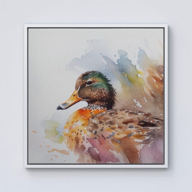 "Warren Reed - Designer Mallard Watercolour Framed Canvas in Off-White - Size: W30"" x H30""" - image 1