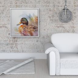"Warren Reed - Designer Mallard Watercolour Framed Canvas in Off-White - Size: W30"" x H30""" - thumbnail 2