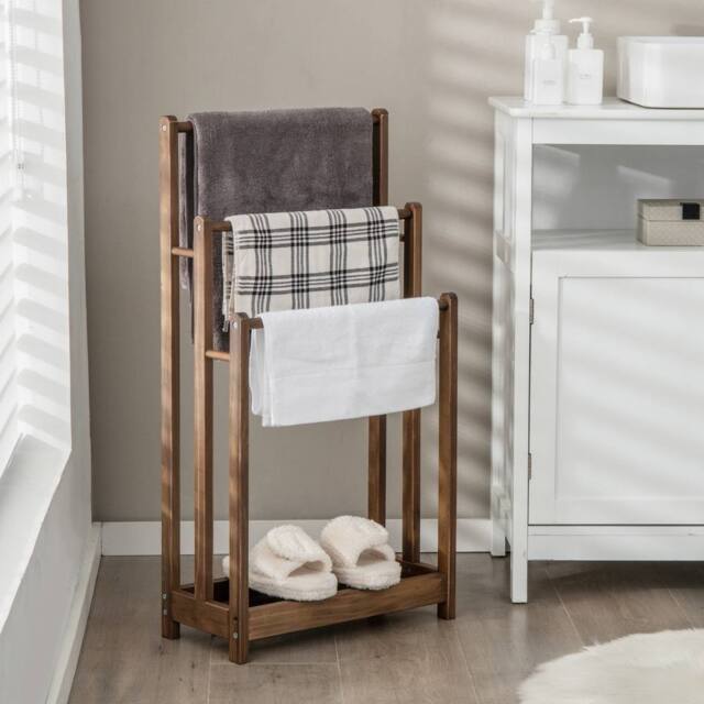 CASART Wooden Towel Rack 3-Tier Towel Rack Holder w/ Bottom Shelf Towel Stand in Grey - image 1