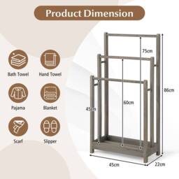 CASART Wooden Towel Rack 3-Tier Towel Rack Holder w/ Bottom Shelf Towel Stand in Grey - thumbnail 2