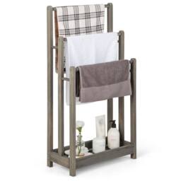 CASART Wooden Towel Rack 3-Tier Towel Rack Holder w/ Bottom Shelf Towel Stand in Grey - thumbnail 3