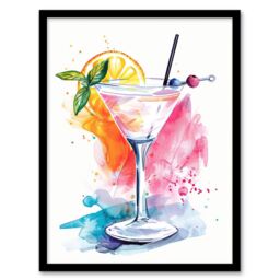 "Artery8 Manhattan Cocktail Bright Modern Watercolour Framed Art Print in Pink - Size: W12"" x H16""" - thumbnail 1