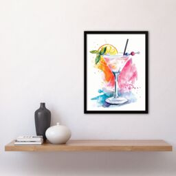 "Artery8 Manhattan Cocktail Bright Modern Watercolour Framed Art Print in Pink - Size: W12"" x H16""" - thumbnail 4