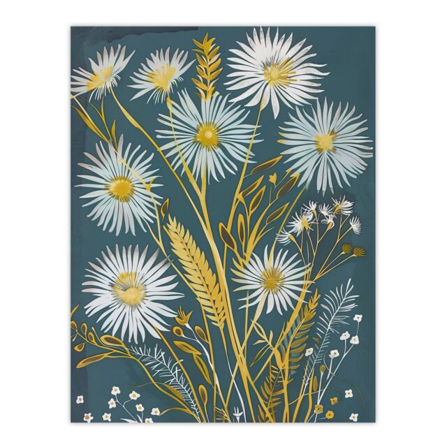 "Artery8 Aster Wildflowers Painting Floral Wheat Harvest Wall Art Print in Blue - Size: W24"" x H32""" - image 1