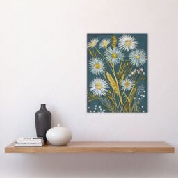 "Artery8 Aster Wildflowers Painting Floral Wheat Harvest Wall Art Print in Blue - Size: W24"" x H32""" - thumbnail 4