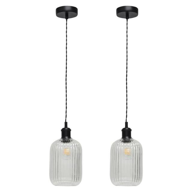 First Choice Lighting Set of 2 Batley - Clear Ribbed Glass Black Retro Pendant Fittings - image 1