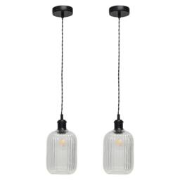 First Choice Lighting Set of 2 Batley - Clear Ribbed Glass Black Retro Pendant Fittings - thumbnail 1