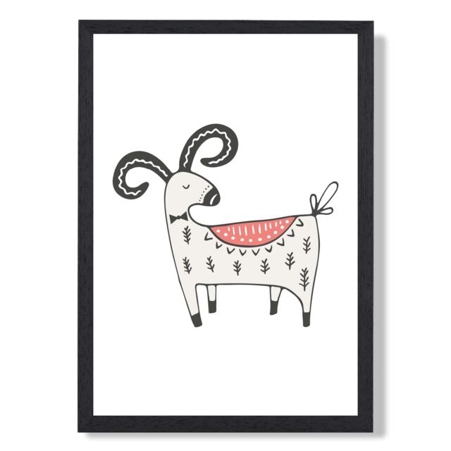 ARTZE Cute Mountain Goat Scandi Animal Framed Print SIZE: A2 with Black Frame in Beige - image 1