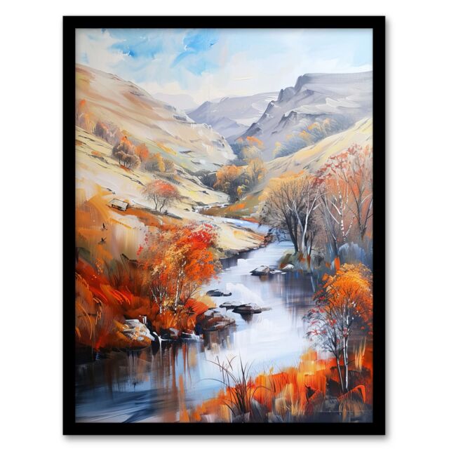 "Artery8 Dovedale River Dove Autumn Landscape Oil Painting Framed Art Print in Orange - Size: W12"" x H16""" - image 1