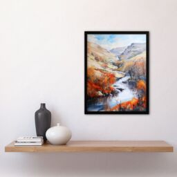"Artery8 Dovedale River Dove Autumn Landscape Oil Painting Framed Art Print in Orange - Size: W12"" x H16""" - thumbnail 4