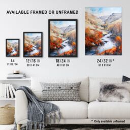 "Artery8 Dovedale River Dove Autumn Landscape Oil Painting Framed Art Print in Orange - Size: W12"" x H16""" - thumbnail 3