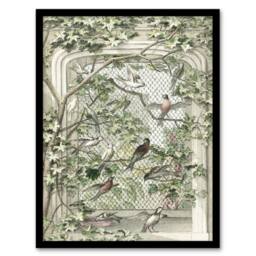 Artery8 Aviary with Fourteen Birds Schouman Framed Wall Art Print in Green - Size: A4 - thumbnail 1