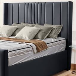 UK Bed Furniture Balmoral Wingback Upholstered Bed with 48 Inch Headboard Slatted Base in Charcoal - Size: King - thumbnail 2
