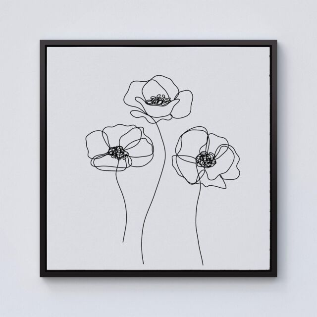 Warren Reed - Designer Monochrome Line Drawn Poppies Framed Canvas in Black - Size: w10 inch x h10 inch - image 1