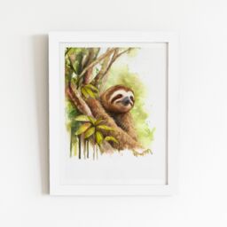 "Warren Reed - Designer Sloth Watercolour Framed Art Print in White - Size: W12"" x H16""" - thumbnail 2