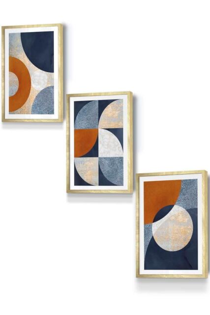 ARTZE Geometric Abstract Textured Circles in Navy Blue Orange Gold Framed Wall Art - Small in Metallic Gold - Size: W33 cm x H45 cm x D20mm - image 1