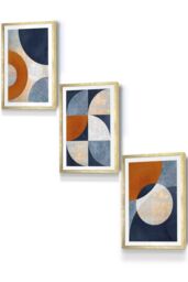 ARTZE Geometric Abstract Textured Circles in Navy Blue Orange Gold Framed Wall Art - Small in Metallic Gold - Size: W33 cm x H45 cm x D20mm - thumbnail 1